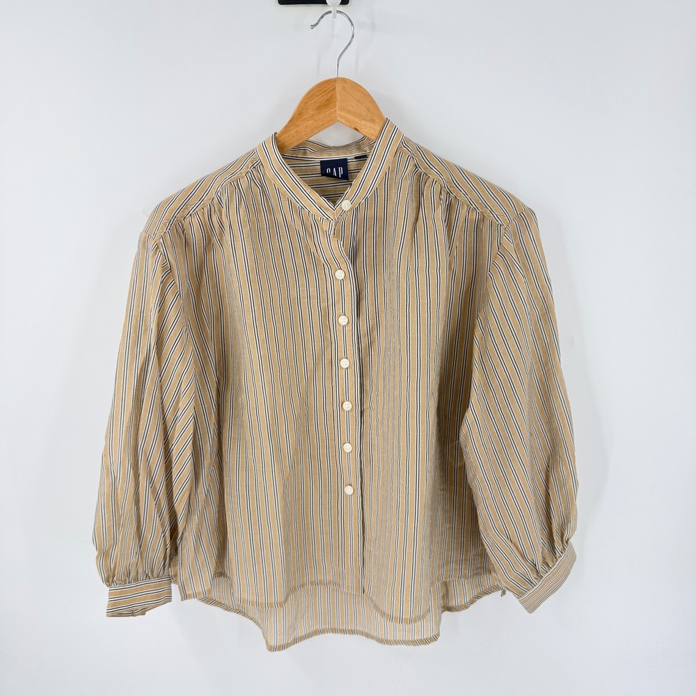 Gap Button Down Shirt Tan Striped XS Petite Long Sleeve Band Collar Academia
